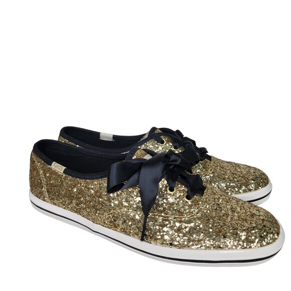 Kate Spade New York keds NIB Women's Gold Glitter Sneakers Sz 6.5M ribbon Laces - Picture 12 of 14